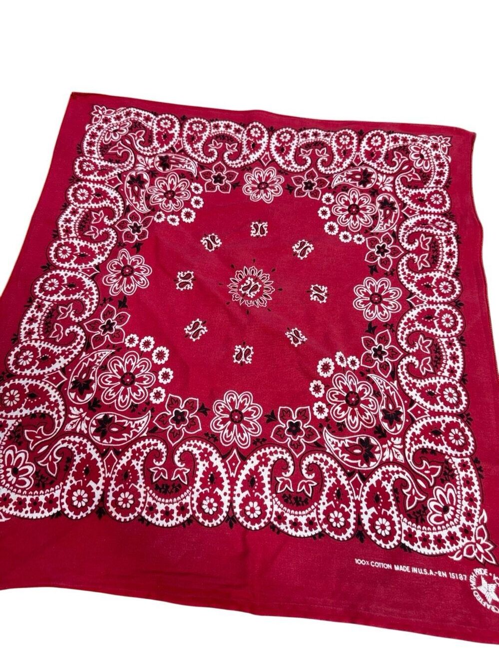 70s Vintage Red Cotton Paisley Selvedge Edge Made in the USA Bandana RN 15187